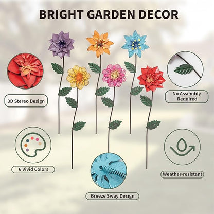 YEAHOME Garden Decor for Outside, 6 Pack Flower Garden Stakes Outdoor Decor Metal Shaking Head Yard Art, Weather Proof Flower Stakes for Yard Porch Lawn Pathway Pot Decorations(Multi-Color)
