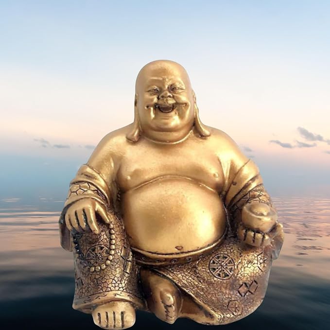 Bellaa Laughing Buddha Statue - 6 Inch Feng Shui Happy Monk Budai Hotei Figurine for Wealth, Luck & Happiness - Chinese Buddhist Zen Decor Copper Gold Finish Resin 21770