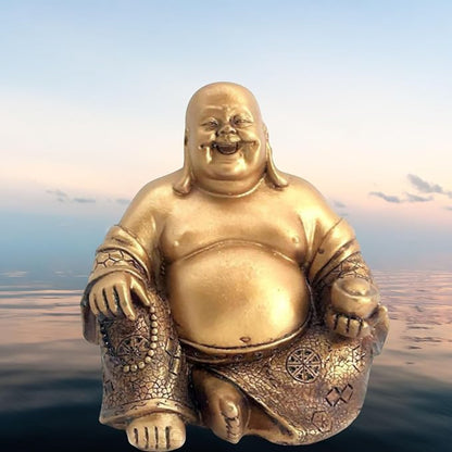 Bellaa Laughing Buddha Statue - 6 Inch Feng Shui Happy Monk Budai Hotei Figurine for Wealth, Luck & Happiness - Chinese Buddhist Zen Decor Copper Gold Finish Resin 21770