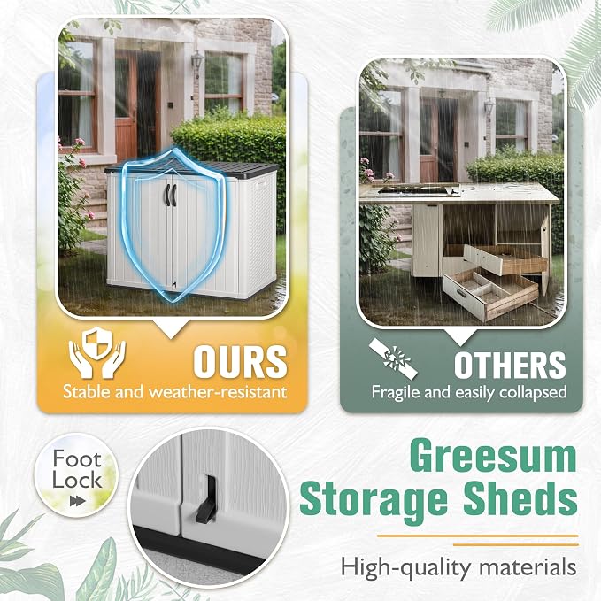 Greesum Outdoor Horizontal Storage Sheds 26 Cu.ft Resin Large Storaged Box Weather Resistance, Without Shelf, Easy to Assemble, Prefect for Garden, Patios, Backyards, White