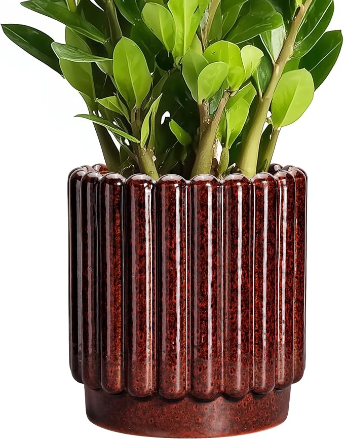 Ceramicfor Ceramic Plant Pot, 7.6 Inch, Red | Indoor Planter, Drainage Hole, Fluted Design, Round Shape, Outdoor/Patio Use