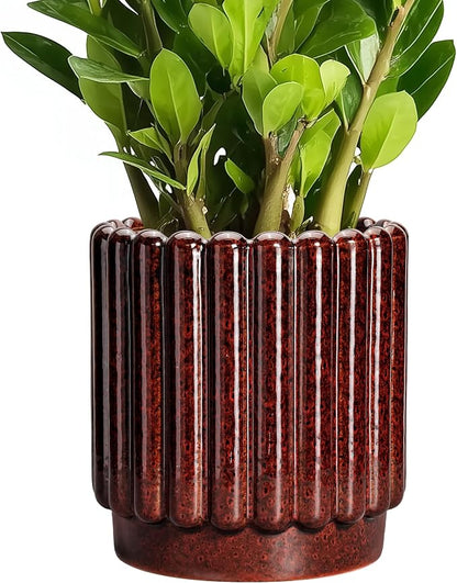 Ceramicfor Ceramic Plant Pot, 7.6 Inch, Red | Indoor Planter, Drainage Hole, Fluted Design, Round Shape, Outdoor/Patio Use
