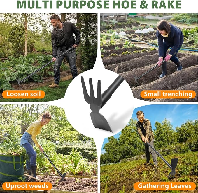 Weed Puller Tool with 45.5" Long Handle, 2 in 1 Small Garden Weeding Hoe & Rake, Handheld Stand Up Hoe Garden Tool for Lawn, Garden, Yard, Flower Bed, Patio & Small Farm