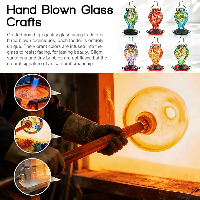 Hand Blown Glass Hummingbird Feeders for Outdoors Hanging, 24oz Wild Bird Nectar Feeder with Ant Moat and Perch, Bee-Resistant Ports, Garden Decor, Gifts for Women Mom, 1 Pack, Green Phoenix