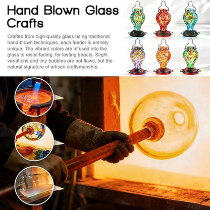 Hand Blown Glass Hummingbird Feeders for Outdoors Hanging, 24oz Wild Bird Nectar Feeder with Ant Moat and Perch, Bee-Resistant Ports, Garden Decor, Gifts for Women Mom, 1 Pack, Green Phoenix