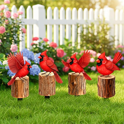Set of 4 Metal Red Cardinal Birds on Stakes Outdoor Garden Decor - Yard Art Sculptures Standing on Wooden Post Style - Cardinal Gifts for Bird Lovers Patio Lawn Ornaments(Red Cardinal-c)