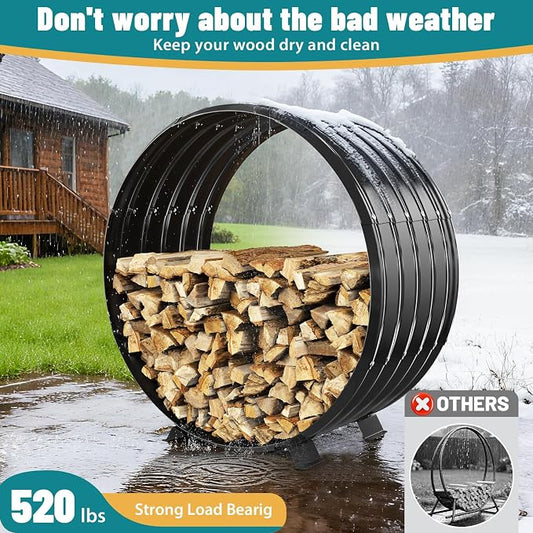 Round Heavy Duty Firewood Rack – Galvanized Wave-Shaped Steel with 4 Sturdy Legs – 0.8mm Thick Black Coated – Indoor or Outdoor Wood Holder for Fireplace,Patio & Deck Fire Pit (2.7FT Diameter)