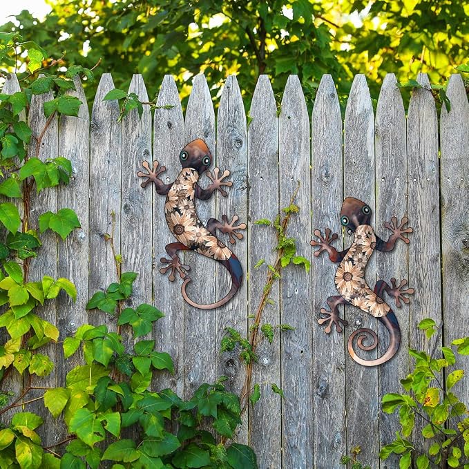 Metal Gecko Wall Art Decor -11.8 inch Black Metal Gecko Wall Hanging Sculpture Decorations for Indoor or Outdoor, Garden Yard Fence Porch Exterior Wall Decor (Set of 2)