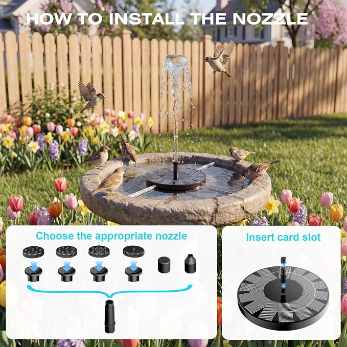 AMZtime 2.5W Solar Bird Bath Fountains, Solar Water Fountain Pump with 6 Nozzles & 4 Tube Supports, 6.7 Inch Fountain Pump for Garden, Pond, Pool, Fish Tank Aquarium Outdoor Use