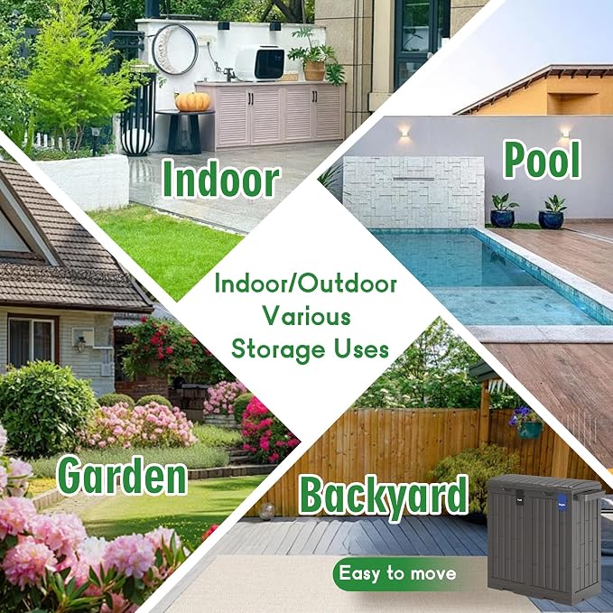 Outdoor Trash Can, 60 Gallon Garbage Can with Tiered Lid and Drip Tray, Waterproof Resin Waste Bin for Patio, Garden, Backyard, Deck, Brown
