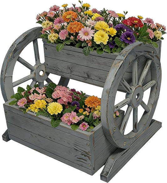 NestNature Wooden Wagon Planter Box|Raised Garden Bed W/Wheels for Plants | 2 Tier Classic Rustic Flower Pot Use Indoor&Outdoor Decor On Patio,Porch,Garden-Outdoor Planter For Flowers,Herbs,Vegetables