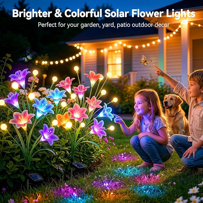 WdtPro Upgraded Solar Garden Lights Outdoor: 4 Pack Solar Firefly Swaying Light with Colorful LED Lily Flower, Waterproof Garden Decor for Yard Patio Pathway Lawn, Gifts for Women (2 Rosy+2 Purple)