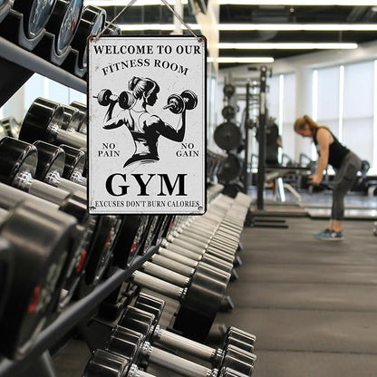 PEACHGARDEN Girl Gym Metal Tin Sign Welcome to Our Fitness Room Wall Art for Home Gym Weight Lifting Decor & Man Cave Workout Poster Motivational Wall Decor 8x12inch