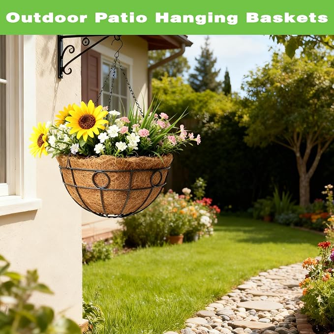 2 Pack 12 Inch Black Metal Hanging Basket Hanging Planter with Coco Coir Liner Heavy Duty Hanging Flower Pot Holder for Indoor Outdoor Patio Garden Porch Balcony Decor (Round)