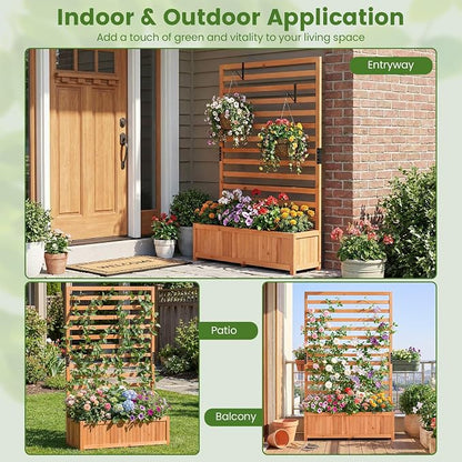 HAPPYGRILL Raised Garden Bed with Trellis, 59" Tall Wooden Elevated Planter Box w/Liner, Drainage, Detachable Base Panel for Climbing Plant Vine Flower, Outdoor Planter w/Trellis for Patio (1)
