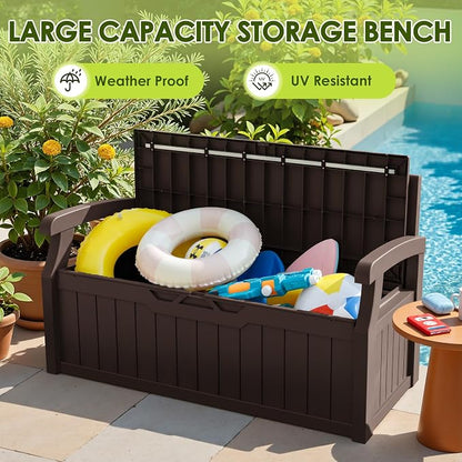 Greesum 80 Gallon Heavy-Duty Outdoor Storage Bench with Cushion, UV-Resistant Resin Bench with Armrest, Deck Box for Garden, Poolside, Patio, Dark Brown