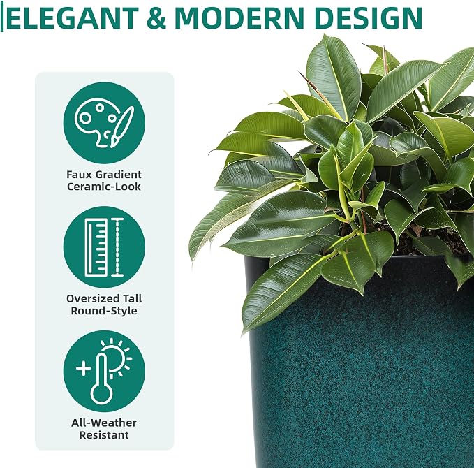Autodaya 23.8" Tall Outdoor Planters Set of 2 Flower Pot for Outdoor Plants | Faux Ceramic Large Planters with Drainage Hole, Gradient Turquoise Glaze, Weather-Resistant for Garden Patio Porch Home Decor