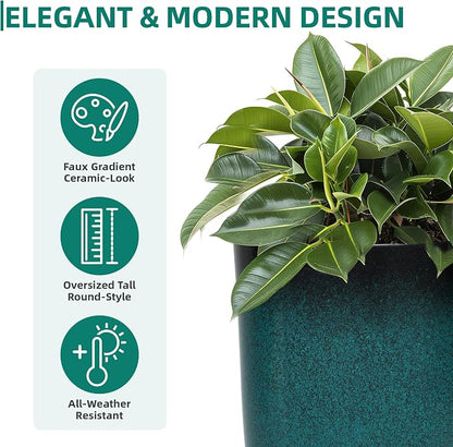 Autodaya 23.8" Tall Outdoor Planters Set of 2 Flower Pot for Outdoor Plants | Faux Ceramic Large Planters with Drainage Hole, Gradient Turquoise Glaze, Weather-Resistant for Garden Patio Porch Home Decor