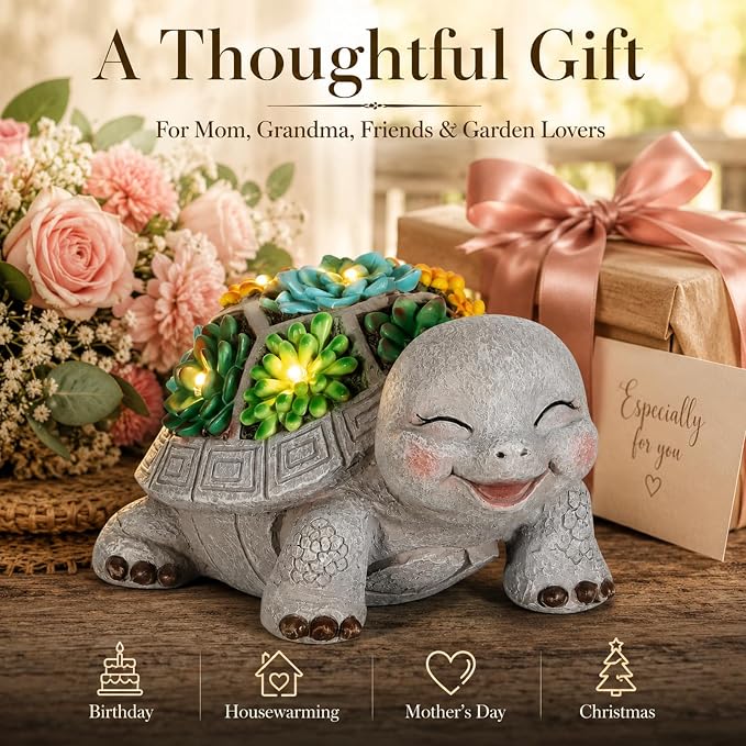 mocosa Solar Garden Statues Turtle and LED Lights Birthday Gifts for Women Mom Grandma Solar Outdoor Cat Decor for Outside,Outdoor Solar Lights for Yard, Garden and Patio, Unique Gift for Women