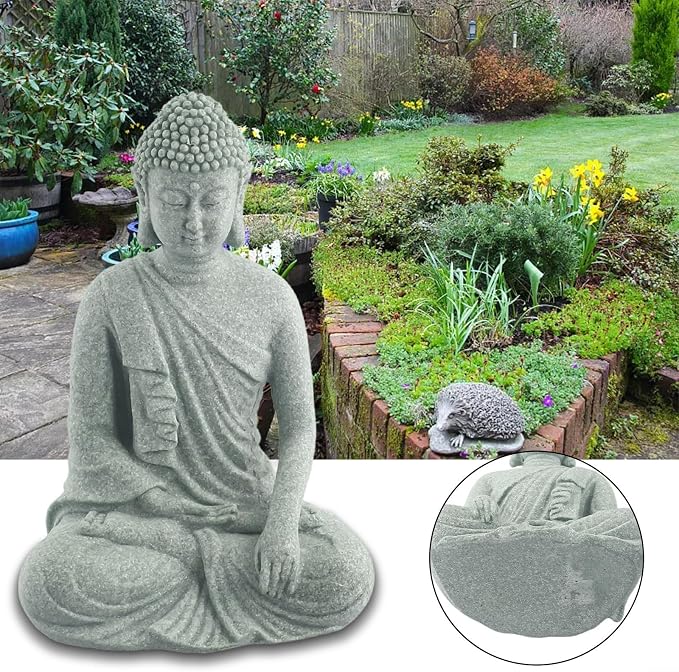 Garden Buddha Resin Stone Statue for Outdoor and Indoor Zen Decor Sandstone Effect Lawn Ornament for Home and Garden Landscaping or Meditation Space(B)
