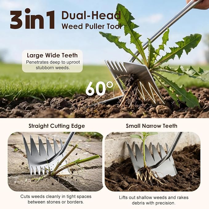 Weed Puller Tool, 2026 Upgraded Portable Manual Weeding Tools Gardening, 6 Teeth Dual Head Stainless Steel Hand Garden Weeding Rake, Weed Remover Tool for Gardening Backyard Yard Farm Planting Weeding