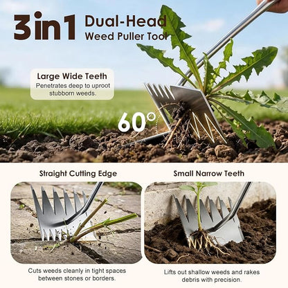 Weed Puller Tool, 2026 Upgraded Portable Manual Weeding Tools Gardening, 6 Teeth Dual Head Stainless Steel Hand Garden Weeding Rake, Weed Remover Tool for Gardening Backyard Yard Farm Planting Weeding