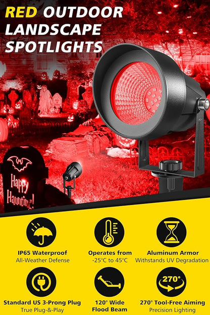 T-SUN Red Spotlight Outdoor, Waterproof LED Landscape Lighting with US Plug, Easy Install 270° Adjustable Outdoor Spot Lights for Garden Tree Yard Decor, Set of 2