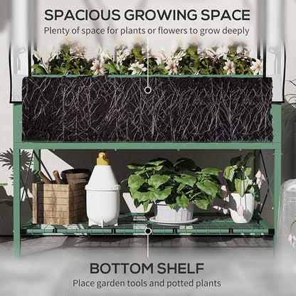 Outsunny Raised Garden Bed with Cover and Storage Shelf, Rectangular Metal Elevated Planter Box with Legs and Bed Liner for Vegetables, Flowers, Herbs, Green