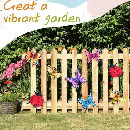 DEWEL 8 Pcs Metal Garden Decor for Outside, 3D Butterfly Ladybug Bee Outdoor Wall Art Decor, Colorful Hanging Decorations for Spring Garden Fence Patio Yard, Great Gift Choice