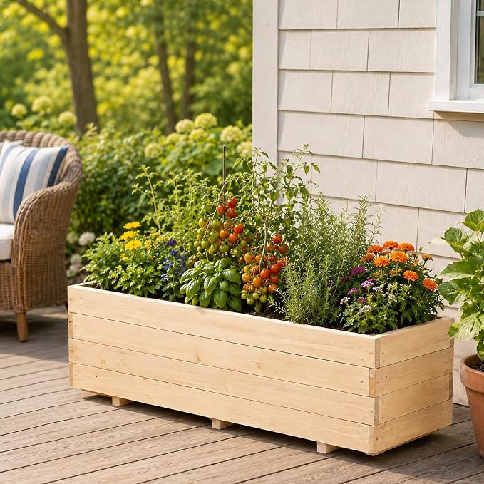 Fir Wood Raised Garden Bed Rectangular Planter for Outdoor Tomato Planter | For Herbs & Flowers Garden Includes Fabric Planter Liner, 4 Drainage Holes