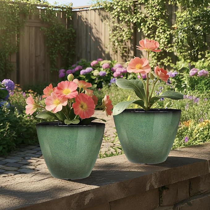 Vanslogreen 8 inch Flower Pots for Indoor Plants, 4 Pack Plastic Plant Pots for Plants with Drainage Holes, Indoor Planter for Outdoor Plants Garden Home Decor, Green