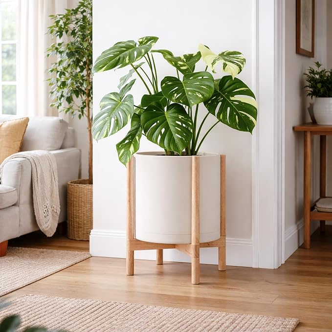 D'vine Dev Plastic Pot with Natural Wood Stand, Oatmeal, 14 in, 55-C-S-4 | Mid-Century Inspired Design, Elevated Plant Display, Clean Lines, Sturdy Support, Modern Space-Saving Style