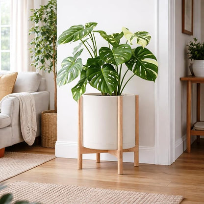 D'vine Dev Plastic Pot with Natural Wood Stand, Oatmeal, 14 in, 55-C-S-4 | Mid-Century Inspired Design, Elevated Plant Display, Clean Lines, Sturdy Support, Modern Space-Saving Style