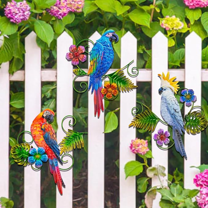 Metal Parrots Wall Decor Outdoor Hanging Sculptures Decor for Yard Garden | J-Fly Patio Garden Decoration Gifts Outdoor Bird Wall Decor-12 Inches Parrot Large Hanging Wall Decor 3 Pack