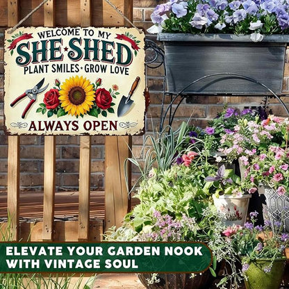 PEACHGARDEN Garden Decor She Shed Wall Art Decor Welcome To My She Shed Garden Metal Sign for Greenhouse Plantroom Yard Patio 12x16 inch