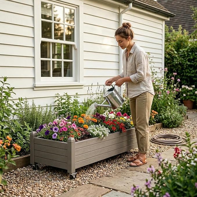 Fancyango Raised Garden Bed with Wheels 13.3" H -Gray | Resin Elevated Garden Planter Box with Drainage, Outdoor Planter Box for Veggies Herbs Patio Balcony Backyard