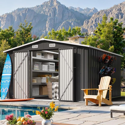 10x12FT Outdoor Storage Shed Black | Metal Garden Tool Shed with Sloping Roof & Lockable Door for Garden, Patio, Backyard