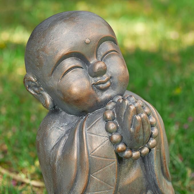 Glitzhome MGO Faux Bronze Little Buddha Monk Garden Staue Indoor and Outdoor Sculpture Decoration, 16.5" H