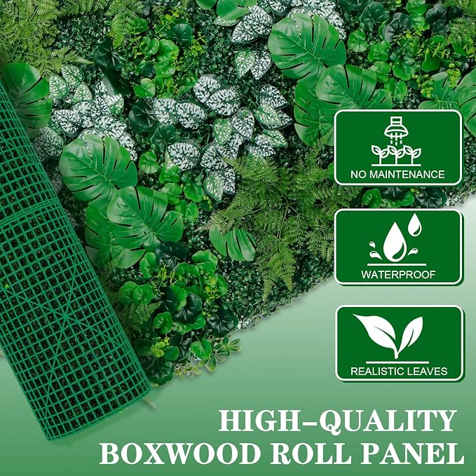 Grooy Artificial Boxwood Panels, 40"x120"(33.33 SQFT) Grass Wall Panels with Monstera Leaves,Privacy Hedge Fence Screen with UV Protection,Fake Greenery Backdrop for Indoor Wedding