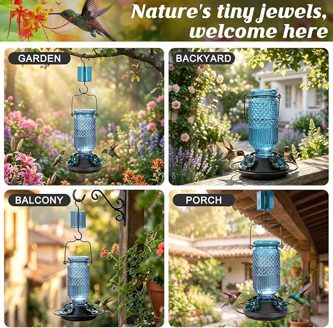 FEED GARDEN Glass Hummingbird Feeder for Outdoors Hanging, 16 oz Leak-Proof Nectar Feeder with Bee Guards & Ant Moat, 4 Metal Flower Feeding Ports, 360° Perch Ring, Easy Refill & Clean, Blue
