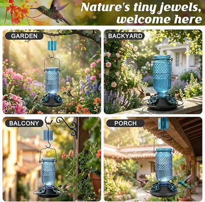 FEED GARDEN Glass Hummingbird Feeder for Outdoors Hanging, 16 oz Leak-Proof Nectar Feeder with Bee Guards & Ant Moat, 4 Metal Flower Feeding Ports, 360° Perch Ring, Easy Refill & Clean, Blue