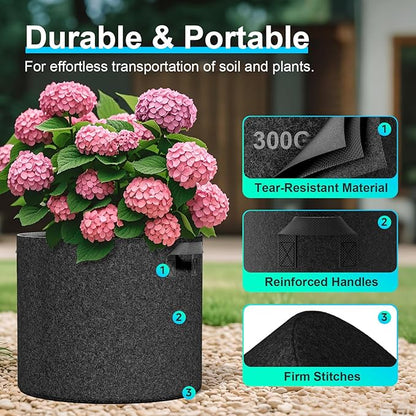 Land Guard 10-Pack Fabric Grow Bags 5 Gallon, Thickened Nonwoven Garden Pots, Growing Bags with Handles, Black