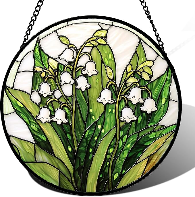 DASTOLL Stained Glass Window Hanging, Lily of the Valley Flower Sun Catchers Colorful Glass Panel Green Plants Suncatcher Decor for Birthday for Women,Men,Wife, Lovers, and Mom 14.9 in