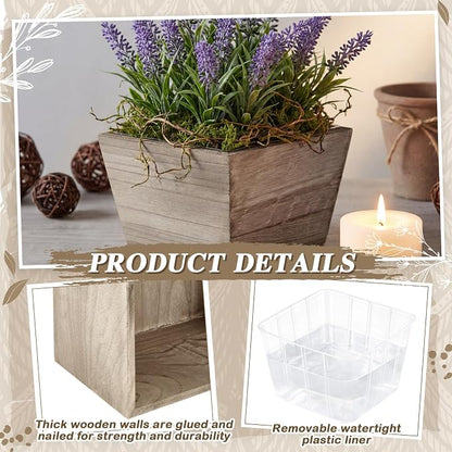 Dandat 2 Set Wooden Centerpiece Box for Wedding Table Decor 6 Inch Rustic Wood Planter Box with Removable Plastic Liner Flower Boxes for Party Wedding Baby Shower Home Garden Decor(Brown)