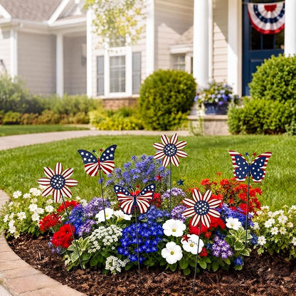 6Pack 4th of July Decorations Outdoor, 18.6Inch Patriotic Metal Flowers Butterfly Decorative Garden Stakes for Independence Day, Americana Patriotic Yard Signs Decor for Garden Lawn Porch