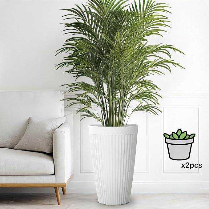 2-Pack 20" Matt White Resin Tall Planters with Fluted Texture | Set of 2 resin tall planters with ceramic look, fluted texture, drainage plugs, and UV-resistant finish for porch or patio