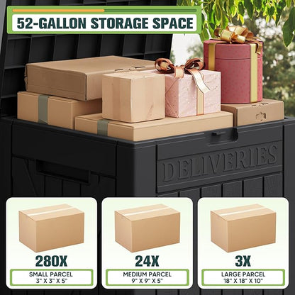 Greesum 52 Gallon Large Outdoor Package Delivery Box for Porch, Lockable Secure Double-Wall Resin Storage Box, Waterproof Deck Box for Package Protection, Black