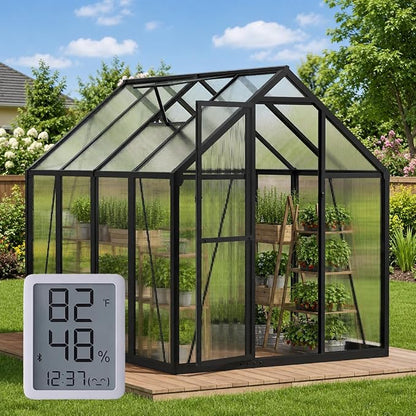 6X7.5FT Enhanced Aluminum Small Greenhouse for Outdoors with Thermometers | Easy Assembly, UV-Resistant Panels, Built-in Reinforcement, Lockable Sliding Door, Roof Vent, For Vegetable, Flower and Herb