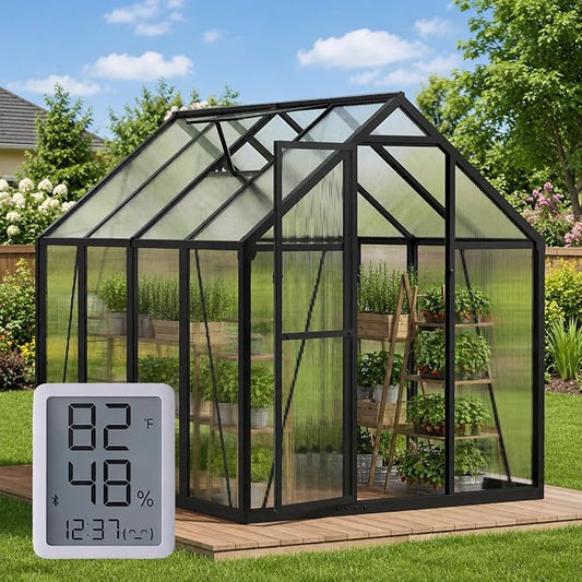 6X7.5FT Enhanced Aluminum Small Greenhouse for Outdoors with Thermometers | Easy Assembly, UV-Resistant Panels, Built-in Reinforcement, Lockable Sliding Door, Roof Vent, For Vegetable, Flower and Herb
