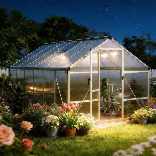 8x12 FT Polycarbonate Greenhouse for Outdoors, Aluminum Frame Green House with Lockable Door, Adjustable Roof Vent and Rain Gutters for Backyard, Garden, Patio